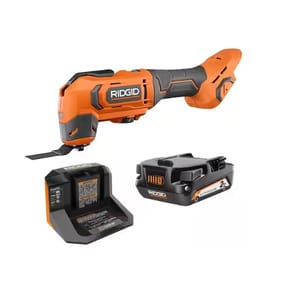 RIDGID cordless oscillating multi-tool kit includes an orange and black oscillating tool, a 2 Ah lithium-ion battery, and a charger.