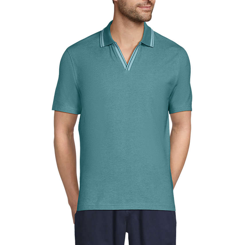 Men's teal short-sleeve polo with a Johnny collar featuring white and dark teal trim, made from a pique fabric.
