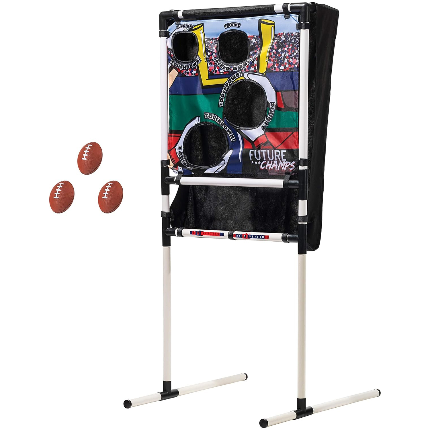 Franklin Football Toss with Mini Footballs includes a vertical frame with a colorful target backdrop featuring five circular cutouts for aiming. Comes with three mini footballs for playing.