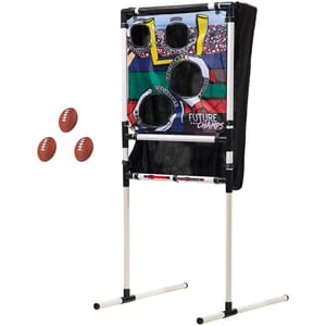 Franklin Football Toss with Mini Footballs includes a vertical frame with a colorful target backdrop featuring five circular cutouts for aiming. Comes with three mini footballs for playing.