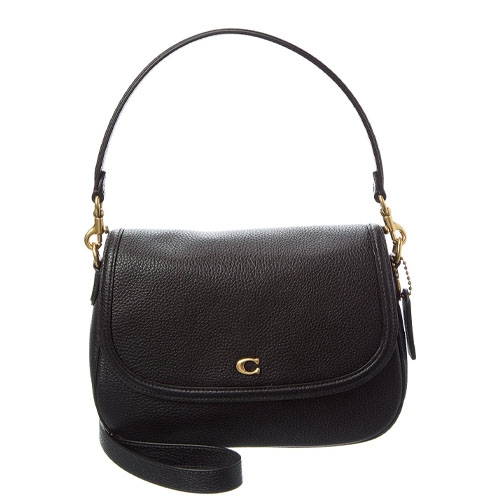Black leather shoulder bag by Coach with a pebbled texture, featuring a flap closure and gold-tone hardware, including a small \“C\“ logo on the front. It has a short handle and detachable longer strap.