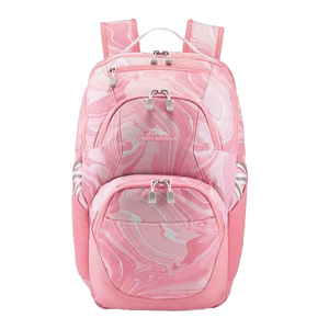 A pink and white marble-patterned backpack with multiple zippered compartments and a top handle. The brand name \“High Sierra\“ is visible on the front.