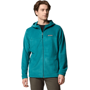 A person is wearing a teal Columbia fleece jacket with a hood, front zipper, and two pockets.