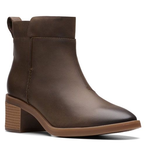 Brown leather ankle boot with a block heel and pull-tab, featuring a smooth, rounded toe and stitched detailing.