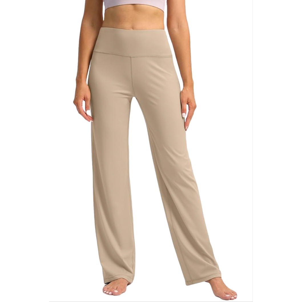 Beige high-waisted, wide-leg women's yoga pants with a smooth, seamless fit.