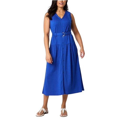 Blue sleeveless midi A-line dress by Liz Claiborne with a V-neck, buttons down the front, and a belted waist.