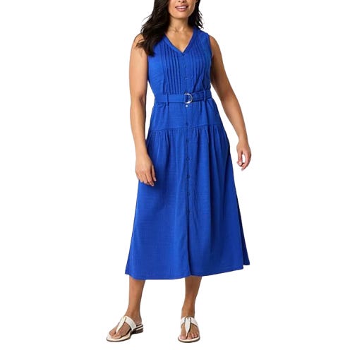 Blue sleeveless midi A-line dress by Liz Claiborne with a V-neck, buttons down the front, and a belted waist.
