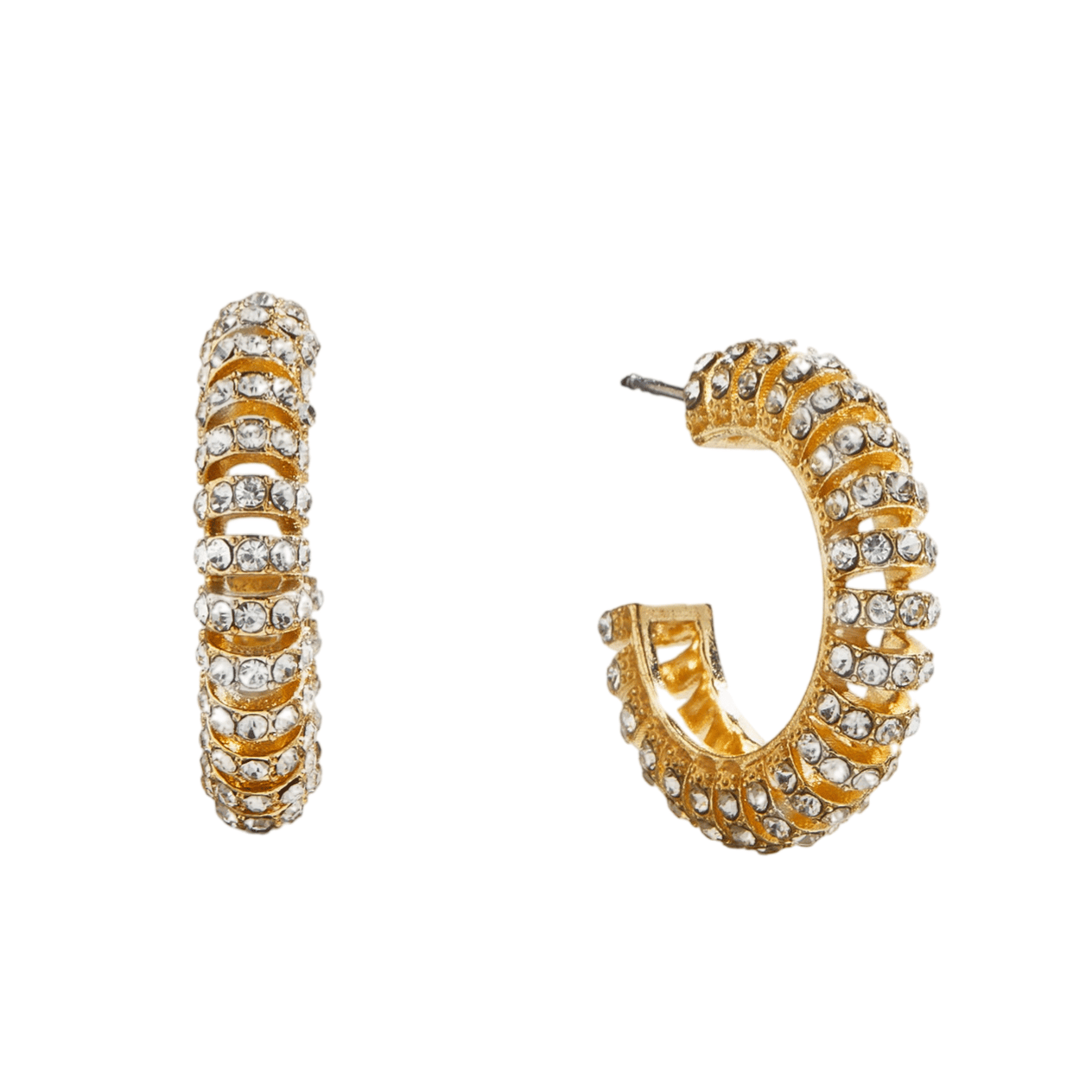 Gold hoop earrings adorned with rows of sparkling crystals.
