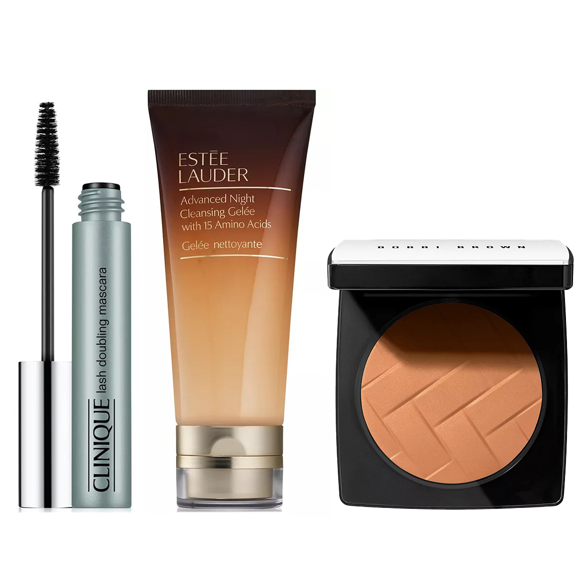 Clinique Lash Doubling Mascara, Estée Lauder Advanced Night Cleansing Gelée with 15 Amino Acids, and Bobbi Brown bronzing powder in a compact case.