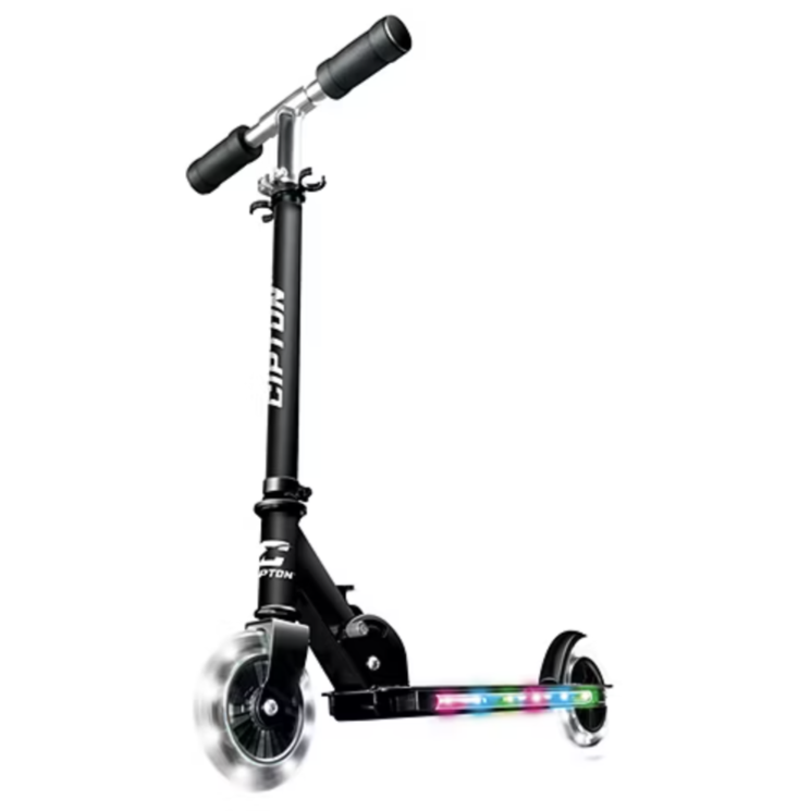 A black two-wheeled scooter with adjustable handlebars, featuring LED lights on the deck and wheels.