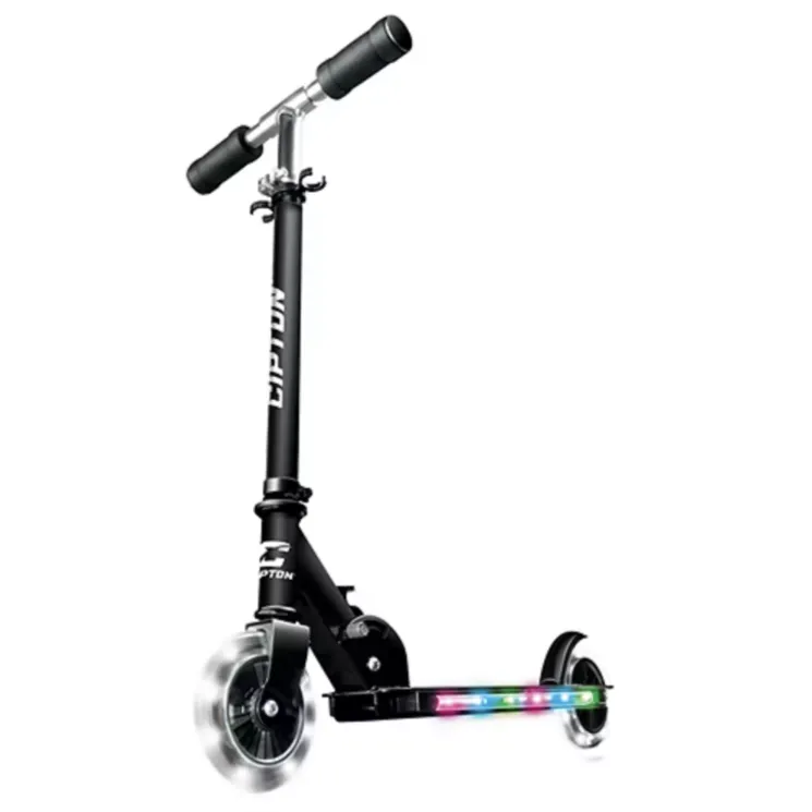 A black two-wheeled scooter with adjustable handlebars, featuring LED lights on the deck and wheels.