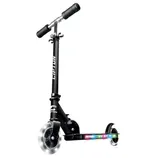 A black two-wheeled scooter with adjustable handlebars, featuring LED lights on the deck and wheels.
