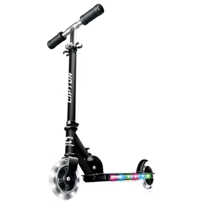 A black two-wheeled scooter with adjustable handlebars, featuring LED lights on the deck and wheels.