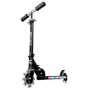 A black two-wheeled scooter with adjustable handlebars, featuring LED lights on the deck and wheels.