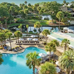 A resort pool area with lounge chairs and umbrellas surrounded by palm trees and a nearby body of water, suggesting a tropical or coastal setting.