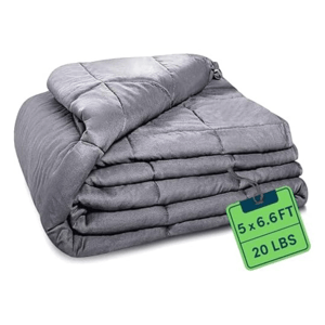 A neatly folded, gray weighted blanket with stitched square sections, measuring 5 x 6.6 feet and weighing 20 pounds.