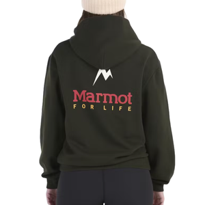 A person wearing a black hoodie with the \“Marmot\“ logo and \“FOR LIFE\“ text on the back, along with a stylized mountain graphic above the text.