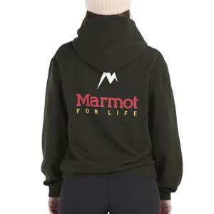 A person wearing a black hoodie with the \“Marmot\“ logo and \“FOR LIFE\“ text on the back, along with a stylized mountain graphic above the text.