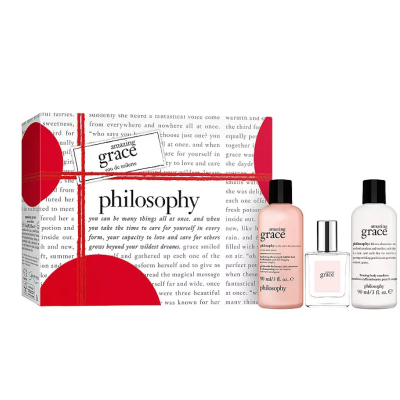 Philosophy Amazing Grace 3pc Set includes a 90 ml shampoo, bath & shower gel, a 60 ml eau de toilette spray, and a 90 ml firming body emulsion lotion, presented in themed packaging.