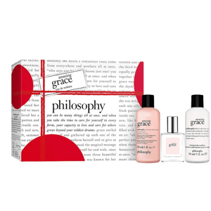 Philosophy Amazing Grace 3pc Set includes a 90 ml shampoo, bath & shower gel, a 60 ml eau de toilette spray, and a 90 ml firming body emulsion lotion, presented in themed packaging.