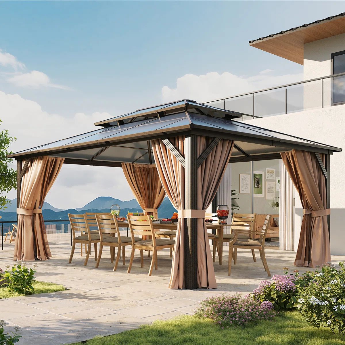 A patio gazebo with a metal roof and beige curtains, featuring a dining table set with wooden chairs, situated on a stone terrace with mountain views.