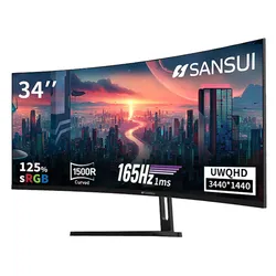 Sansui 34\“ curved monitor, 1500R, UWQHD 3440x1440, 125% sRGB, 165Hz refresh rate, 1ms response time.