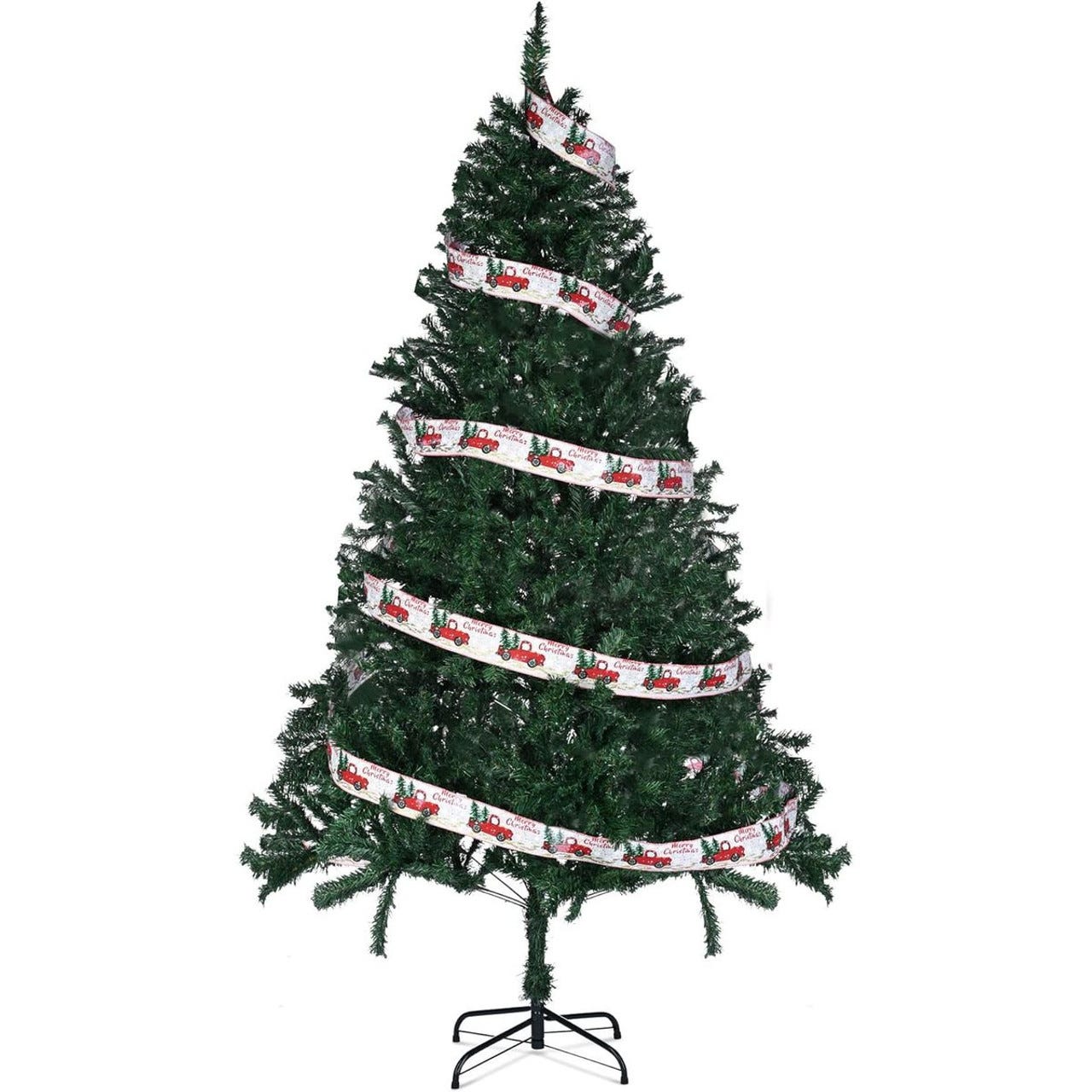 A decorated artificial Christmas tree with a ribbon featuring holiday-themed text and illustrations spiraling around it. The tree is set on a metal stand.