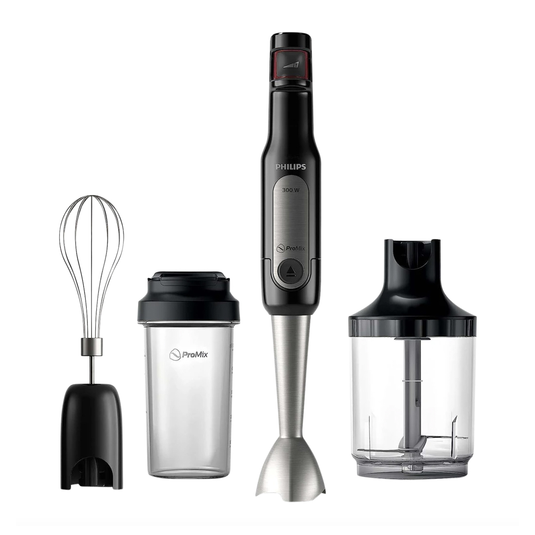 Philips hand blender set includes a 300W motor unit, blending rod, whisk attachment, and a chopper. Accessories consist of a ProMix beaker and lid, perfect for blending, whisking, and chopping tasks in the kitchen.