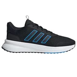 Black athletic sneaker with blue accents and white sole, featuring cloudfoam cushioning and three stripes on the side.
