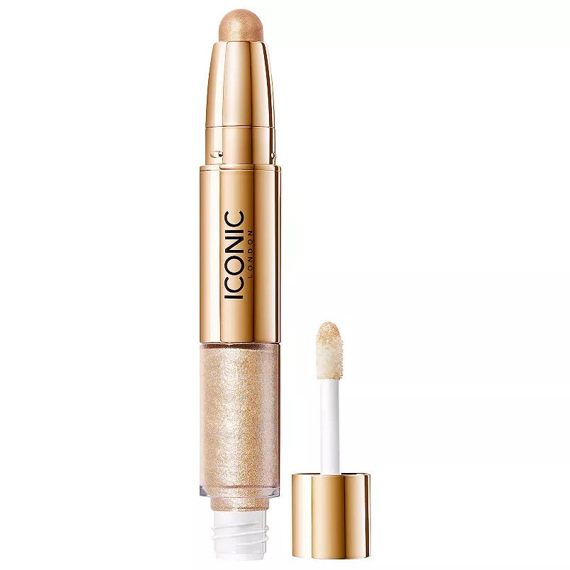 A dual-ended highlighter stick from Iconic London featuring a sponge applicator tip and a gold shimmering finish.