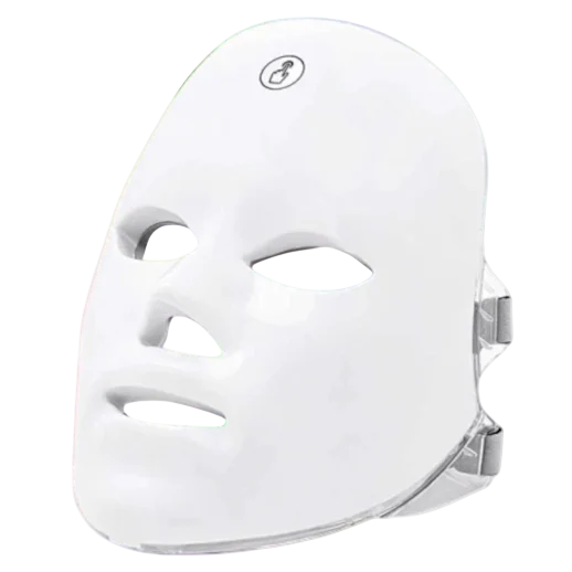 A white LED light therapy facial mask with eye and mouth cutouts, used for skincare treatments.