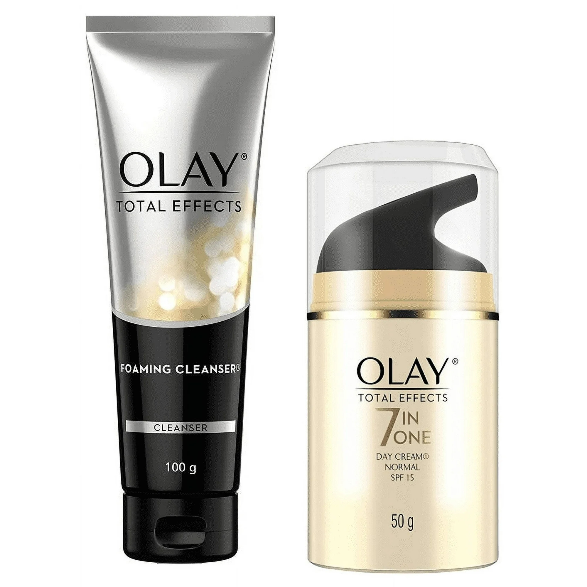 Olay Total Effects Cleanser Kit includes a foaming cleanser (100g) and a 7-in-1 day cream with SPF 15 (50g), designed for skin cleansing and moisturizing.