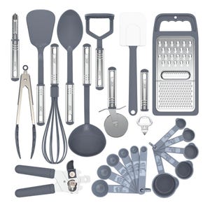 23pc Cooking Utensil Set includes spatulas, spoons, measuring cups and spoons, tongs, a whisk, a grater, a can opener, a pizza cutter, a peeler, a ladle, a bottle opener, and a potato masher. Each utensil features a gray and metallic color scheme.