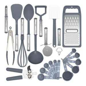23pc Cooking Utensil Set includes spatulas, spoons, measuring cups and spoons, tongs, a whisk, a grater, a can opener, a pizza cutter, a peeler, a ladle, a bottle opener, and a potato masher. Each utensil features a gray and metallic color scheme.