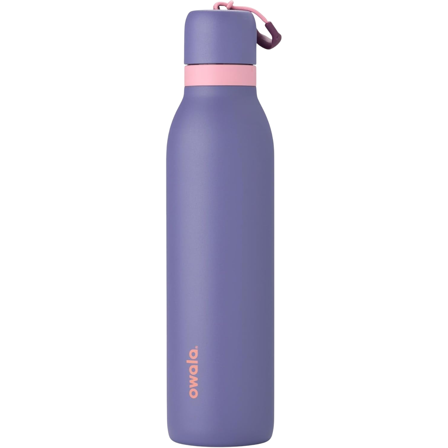 A purple reusable water bottle featuring a pink cap and strap with \“owala\“ branding in pink lettering.