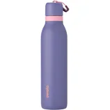 A purple reusable water bottle featuring a pink cap and strap with \“owala\“ branding in pink lettering.