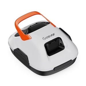 A white robotic pool vacuum cleaner with an orange handle and the brand name \“Gosvor\“ on top. It features a sleek design with black accents and an accessible compartment for debris.