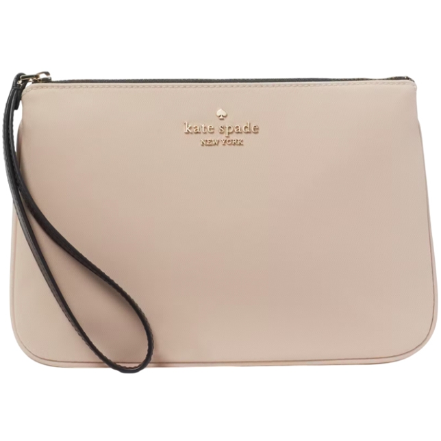 A beige Kate Spade New York wristlet pouch with a black strap and gold-toned logo detailing on the front.