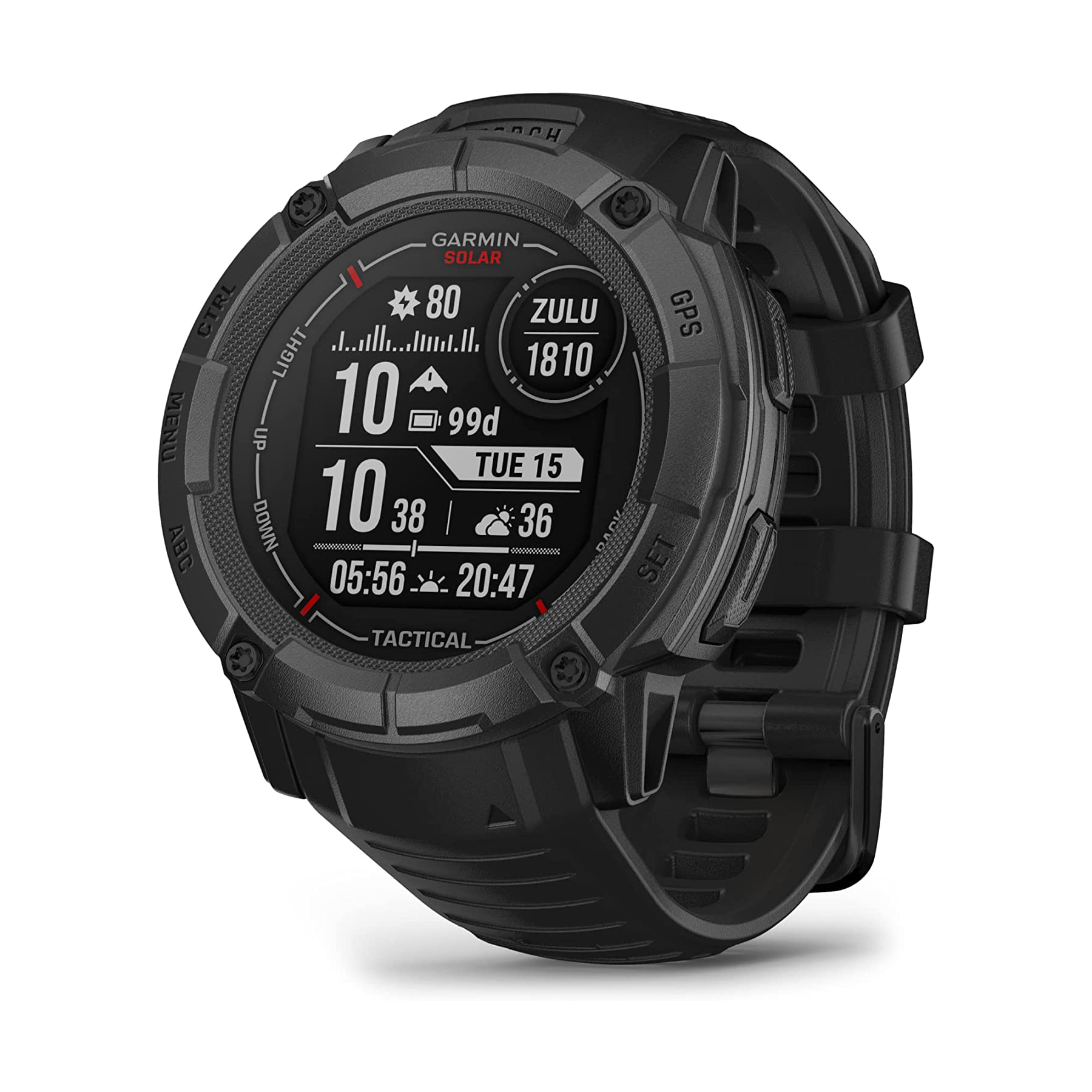Garmin Instinct 2 Solar Tactical Edition smartwatch in black, featuring GPS, solar charging, and a rugged design with various tactical functions.