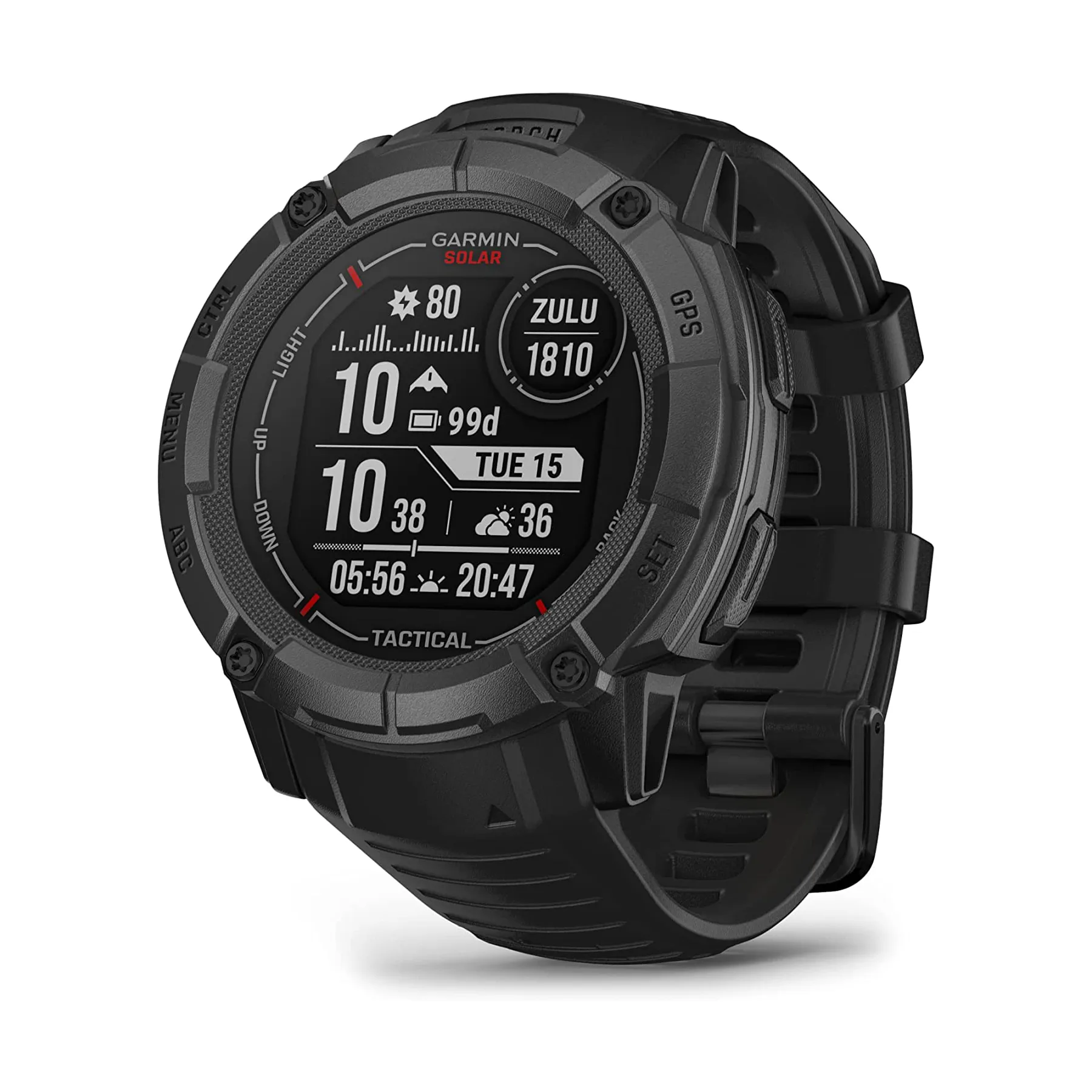 Garmin Instinct 2 Solar Tactical Edition smartwatch in black, featuring GPS, solar charging, and a rugged design with various tactical functions.