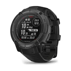 Garmin Instinct 2 Solar Tactical Edition smartwatch in black, featuring GPS, solar charging, and a rugged design with various tactical functions.