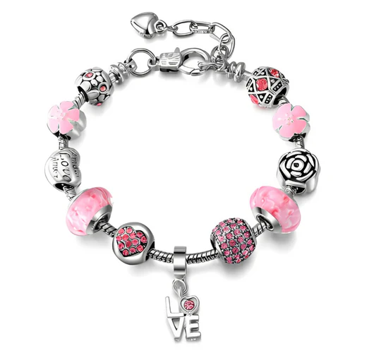 A charm bracelet featuring pink beads, floral designs, and a \“LOVE\“ pendant, with elements of silver and pink accents.