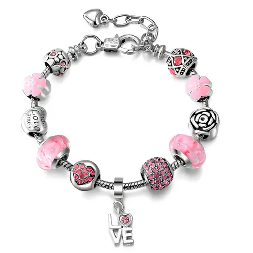 A charm bracelet featuring pink beads, floral designs, and a \“LOVE\“ pendant, with elements of silver and pink accents.