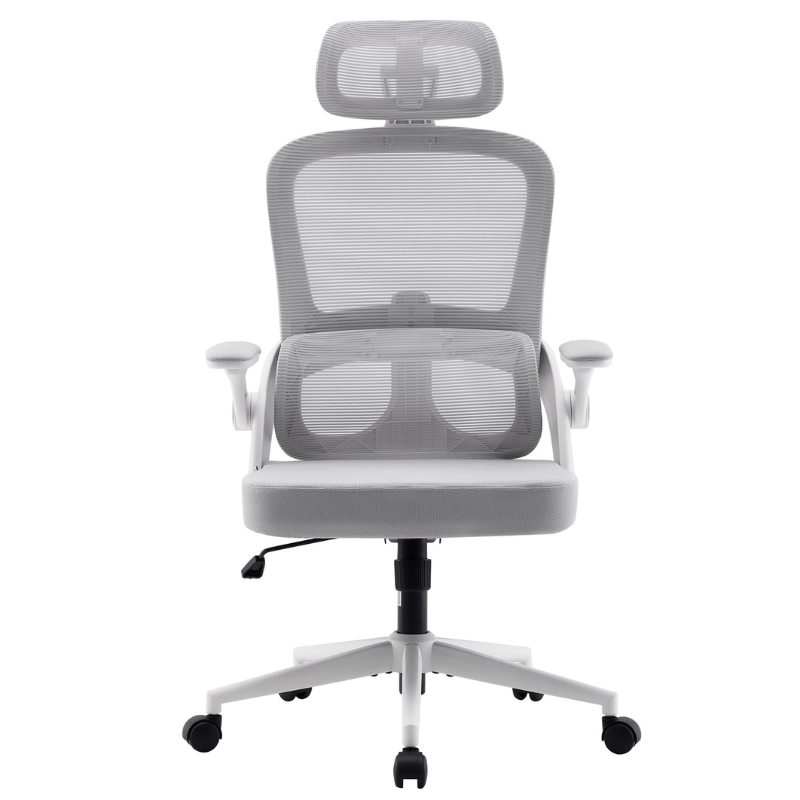 A white ergonomic office chair with a mesh back, adjustable armrests, and a headrest, featuring a five-wheel base and a gas lift lever.