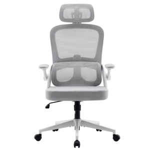 A white ergonomic office chair with a mesh back, adjustable armrests, and a headrest, featuring a five-wheel base and a gas lift lever.