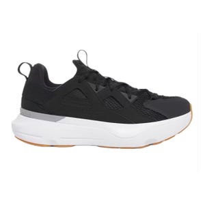 A black and white athletic shoe with a mesh design, featuring a thick white sole and gum outsole accents.