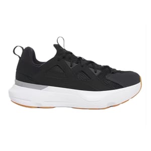 A black and white athletic shoe with a mesh design, featuring a thick white sole and gum outsole accents.
