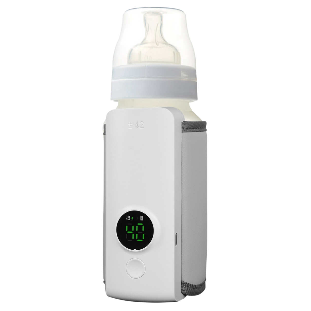 A baby bottle with a built-in digital thermometer and warmer. The display shows a temperature reading in green digits.