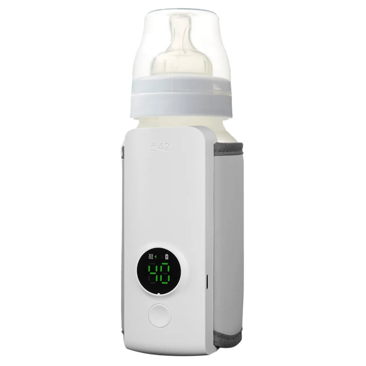 A baby bottle with a built-in digital thermometer and warmer. The display shows a temperature reading in green digits.