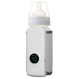 A baby bottle with a built-in digital thermometer and warmer. The display shows a temperature reading in green digits.